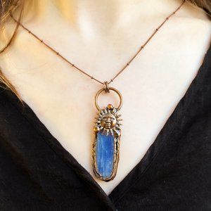 Boho Hippie Bronze/Blue Face Sun Pendant Gemstone Necklace With Chain
